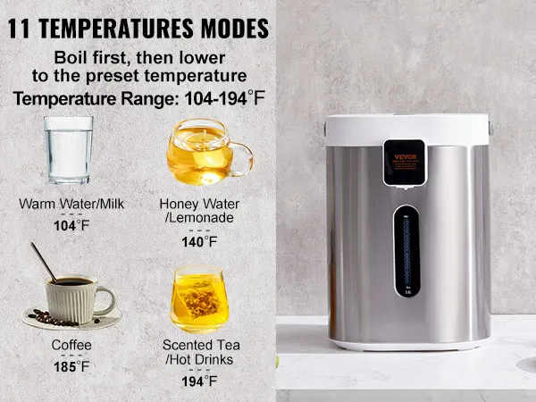 Dispensador de agua caliente VEVOR con 11 modos de temperatura, adecuado para diversas bebidas desde 104 ° F hasta 194 ° F.
