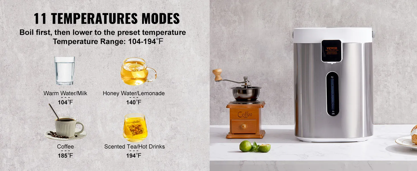 Dispensador de agua caliente VEVOR con 11 modos de temperatura, adecuado para diversas bebidas desde 104 ° F hasta 194 ° F.
