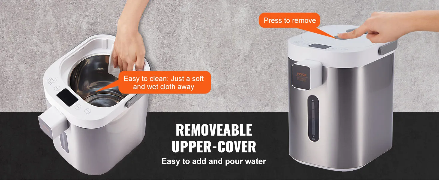Dispensador de agua caliente VEVOR con tapa superior extraíble para facilitar la limpieza y el vertido de agua.