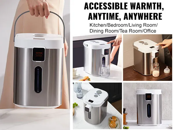 Dispensador de agua caliente VEVOR en varios entornos: cocina, dormitorio, comedor, salón de té y oficina.