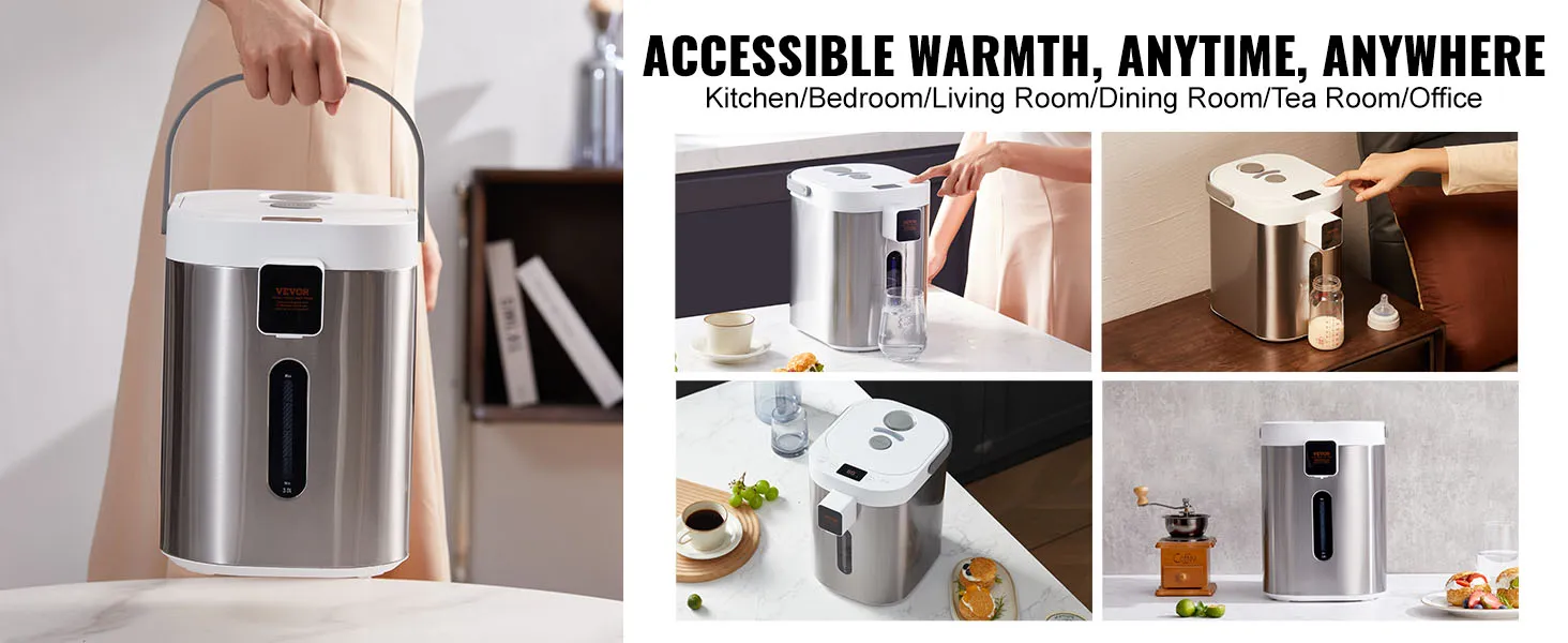 Dispensador de agua caliente VEVOR en varios entornos: cocina, dormitorio, comedor, salón de té y oficina.