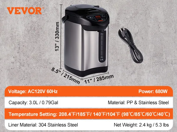VEVOR hot water dispenser, 3l capacity, 680w power, 304 stainless steel liner, multiple temperature settings.