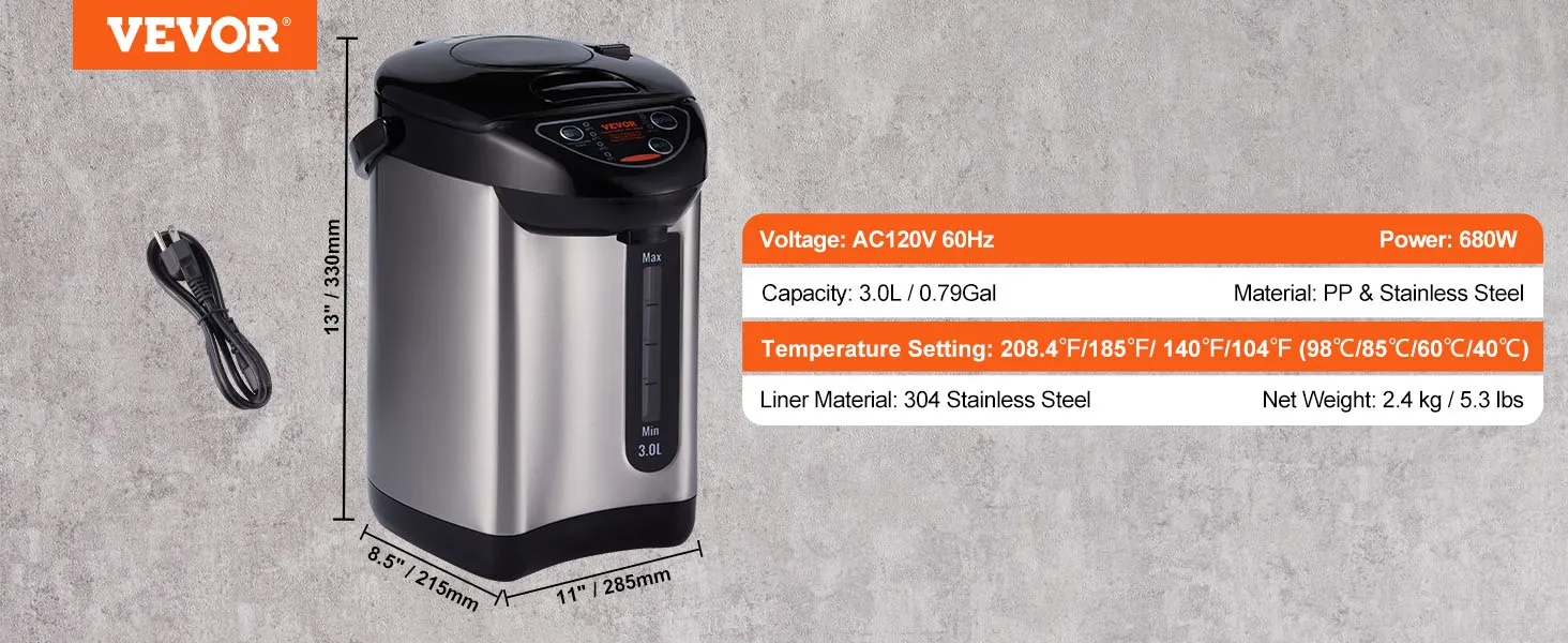 VEVOR hot water dispenser, 3l capacity, 680w power, 304 stainless steel liner, multiple temperature settings.