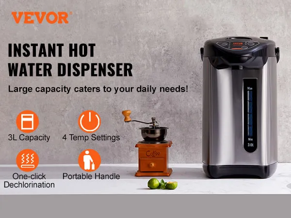 VEVOR hot water dispenser with 3l capacity, 4 temp settings, one-click dechlorination, portable handle.