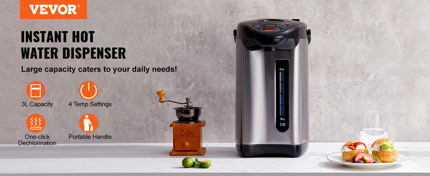 VEVOR hot water dispenser with 3l capacity, 4 temp settings, one-click dechlorination, portable handle.