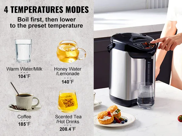 VEVOR hot water dispenser: 4 temperature modes for warm water, honey water, coffee, and hot drinks.