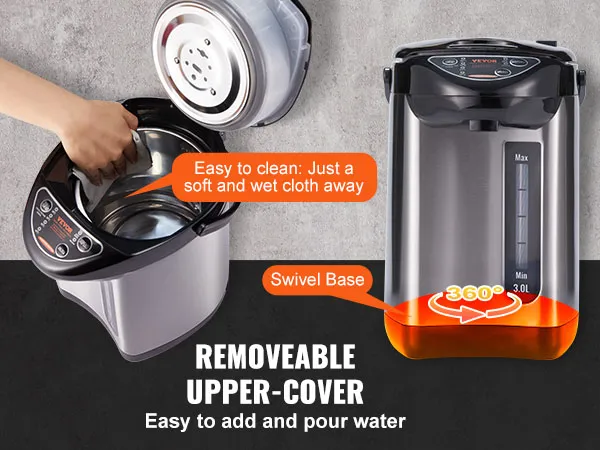 VEVOR hot water dispenser with removable cover, easy-to-clean interior, and 360-degree swivel base.