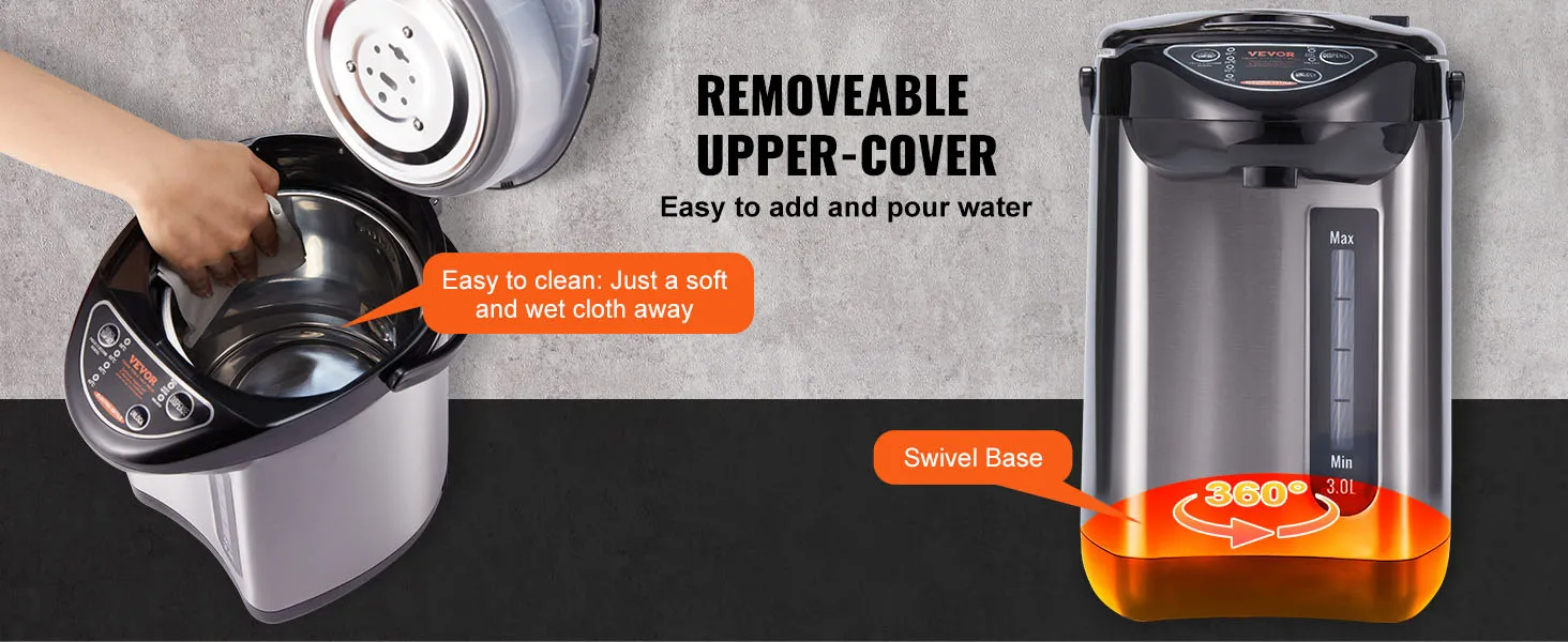 VEVOR hot water dispenser with removable cover, easy-to-clean interior, and 360-degree swivel base.