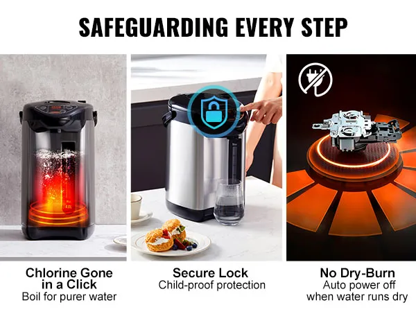 VEVOR hot water dispenser features child-proof lock, chlorine removal, and auto power-off safety.