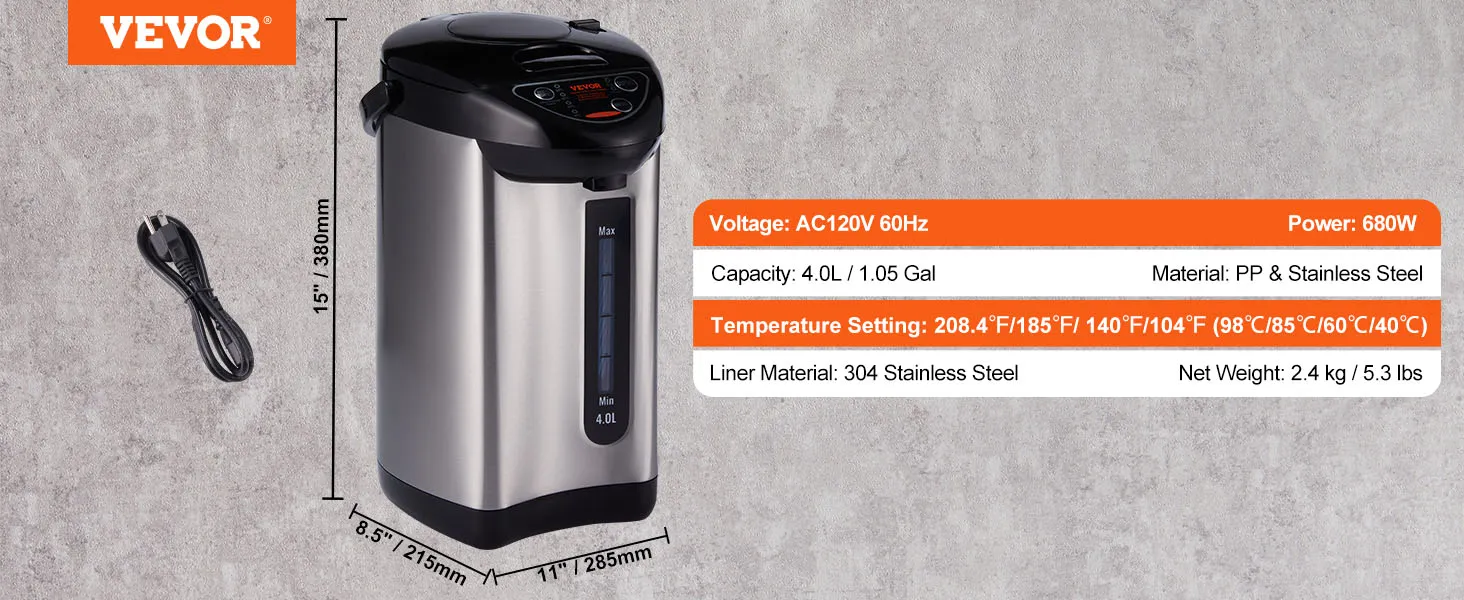 VEVOR hot water dispenser, 4.0l capacity, stainless steel, dimensions 15"x11"x8.5", 680w power usage.