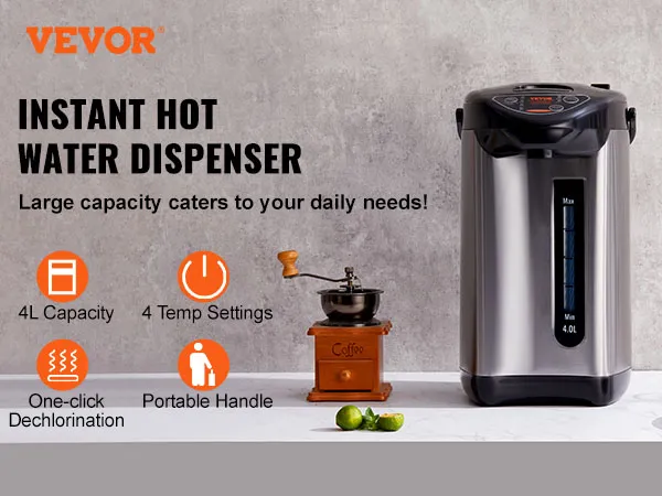 Dispensador de agua caliente VEVOR con capacidad de 4 l, 4 configuraciones de temperatura y decloración con un solo clic.