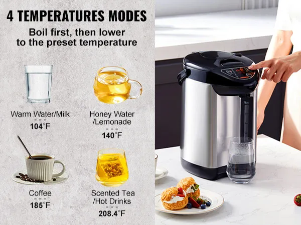 Dispensador de agua caliente VEVOR con 4 configuraciones de temperatura para agua tibia, agua con miel, café y té.