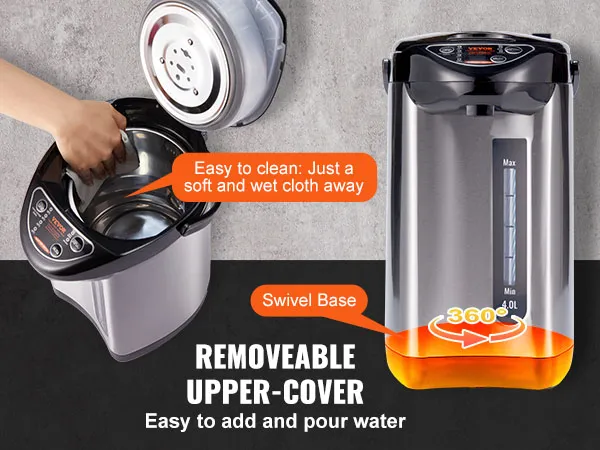 Dispensador de agua caliente VEVOR con tapa superior extraíble y base giratoria de 360° para una fácil limpieza y rellenado.