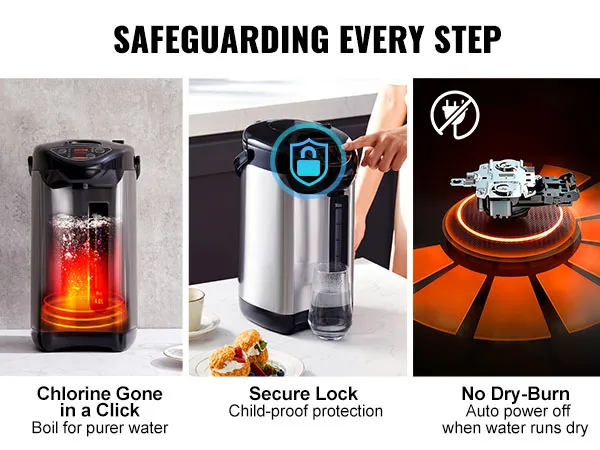 Dispensador de agua caliente VEVOR con eliminación de cloro, bloqueo a prueba de niños y función de apagado automático.