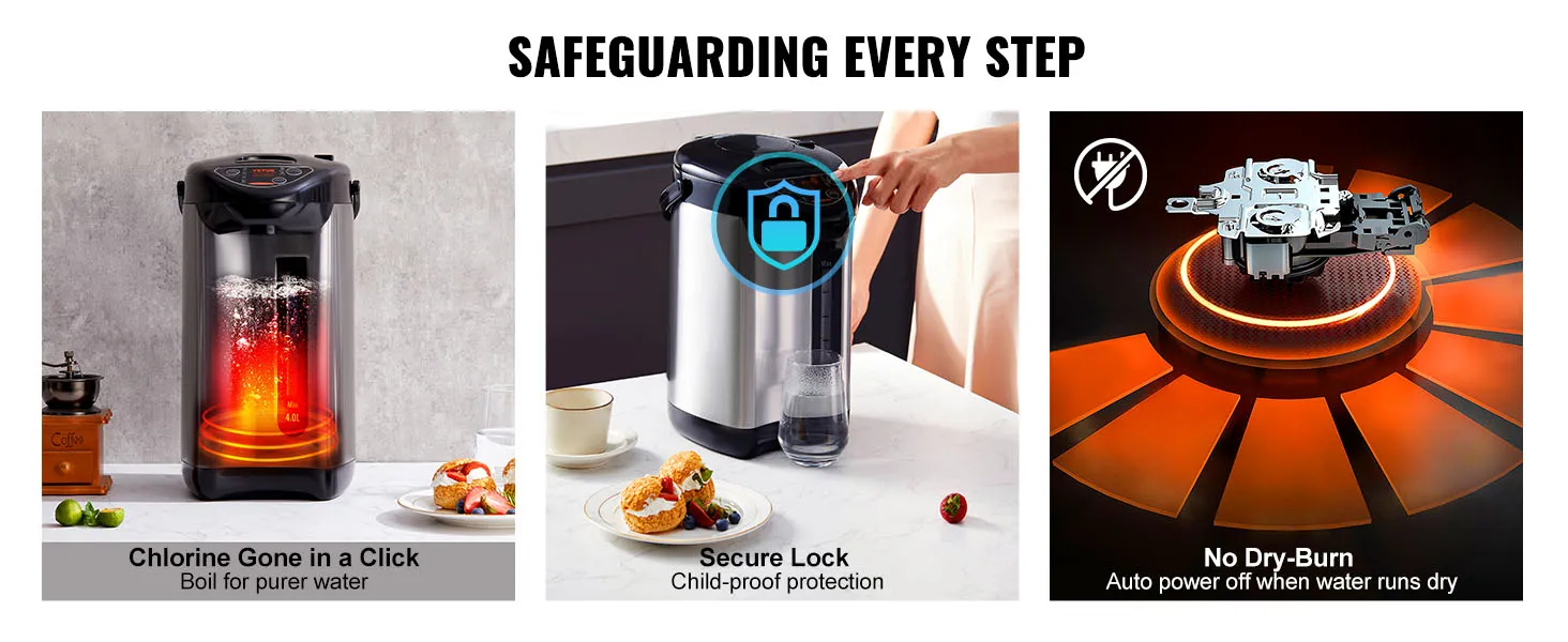 VEVOR hot water dispenser with chlorine removal, child-proof lock, and auto shut-off feature.