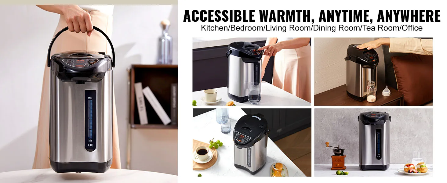 VEVOR hot water dispenser in different home and office settings with 4l capacity.
