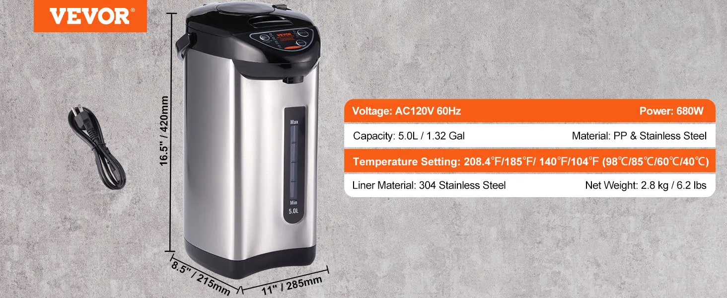 VEVOR hot water dispenser, 5.0l capacity, stainless steel, 680w, adjustable temperature settings.