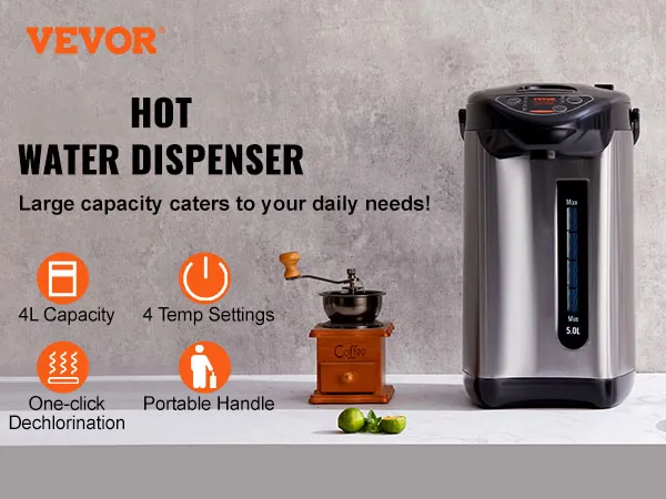 Dispensador de agua caliente VEVOR con capacidad de 4 l, 4 configuraciones de temperatura, mango portátil y decloración con un solo clic.
