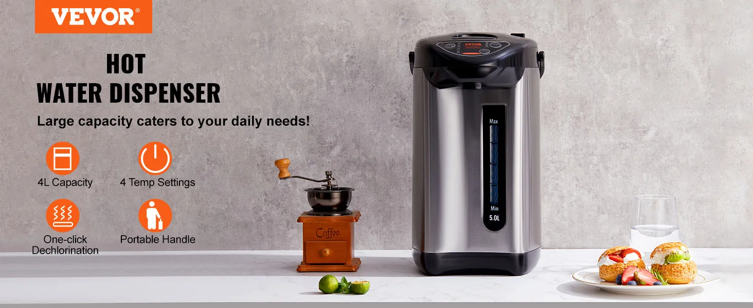 VEVOR hot water dispenser with 4l capacity, 4 temp settings, portable handle, and one-click dechlorination.