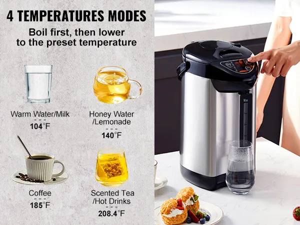Dispensador de agua caliente VEVOR con 4 modos de temperatura para agua tibia, agua con miel, café y té.