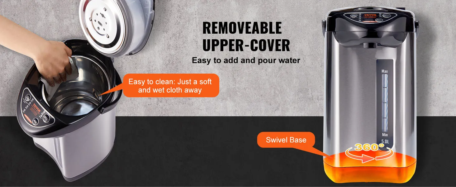 VEVOR hot water dispenser with removable upper cover, easy-to-clean interior, and 360° swivel base.