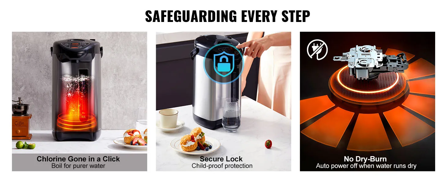 VEVOR hot water dispenser with chlorine removal, secure lock, and automatic power-off features.