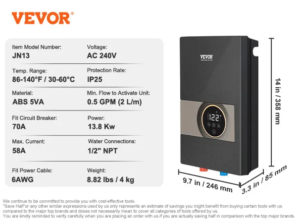 Calentador de agua eléctrico sin tanque VEVOR, modelo jn13, ac 240v, 13,8 kw, 14x9,7x3,3 pulgadas, ip25, abs.