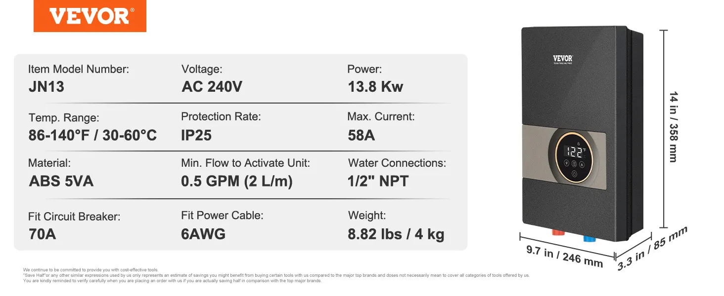Calentador de agua eléctrico sin tanque VEVOR, modelo jn13, ac 240v, 13,8 kw, 14x9,7x3,3 pulgadas, ip25, abs.