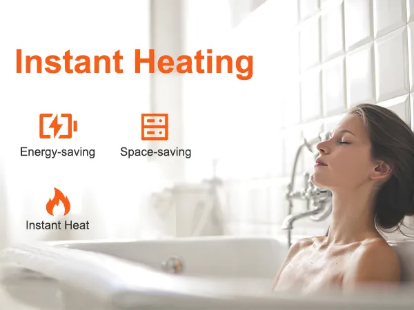 Anuncio de calentador de agua eléctrico sin tanque VEVOR que destaca los beneficios de ahorro de energía, ahorro de espacio y calentamiento instantáneo.