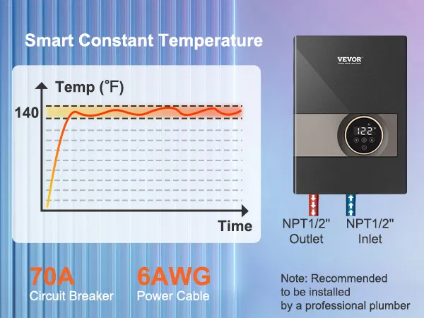 Calentador de agua eléctrico sin tanque VEVOR, temperatura constante, disyuntor de 70 A, cable de alimentación de 6 AWG.