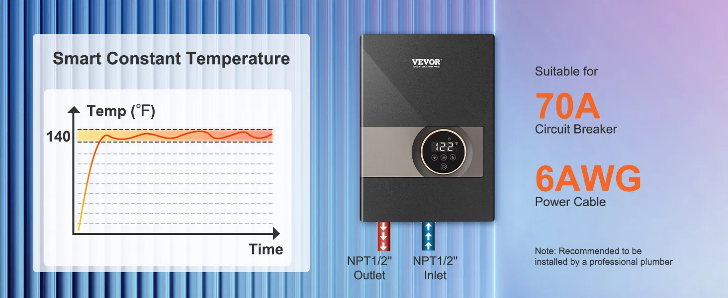 Calentador de agua eléctrico sin tanque VEVOR, temperatura constante, disyuntor de 70 A, cable de alimentación de 6 AWG.