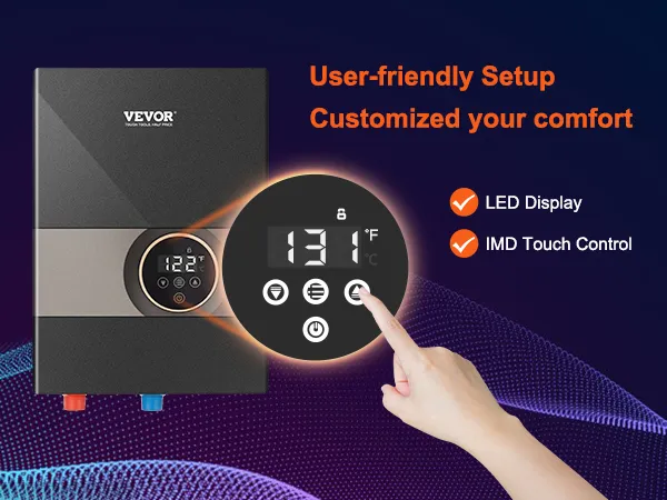 Calentador de agua eléctrico sin tanque VEVOR con pantalla LED, control táctil imd y ajuste de temperatura de 131 °F.