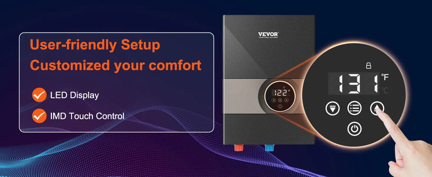 Calentador de agua eléctrico sin tanque VEVOR con pantalla LED, control táctil imd y ajuste de temperatura de 131 °F.