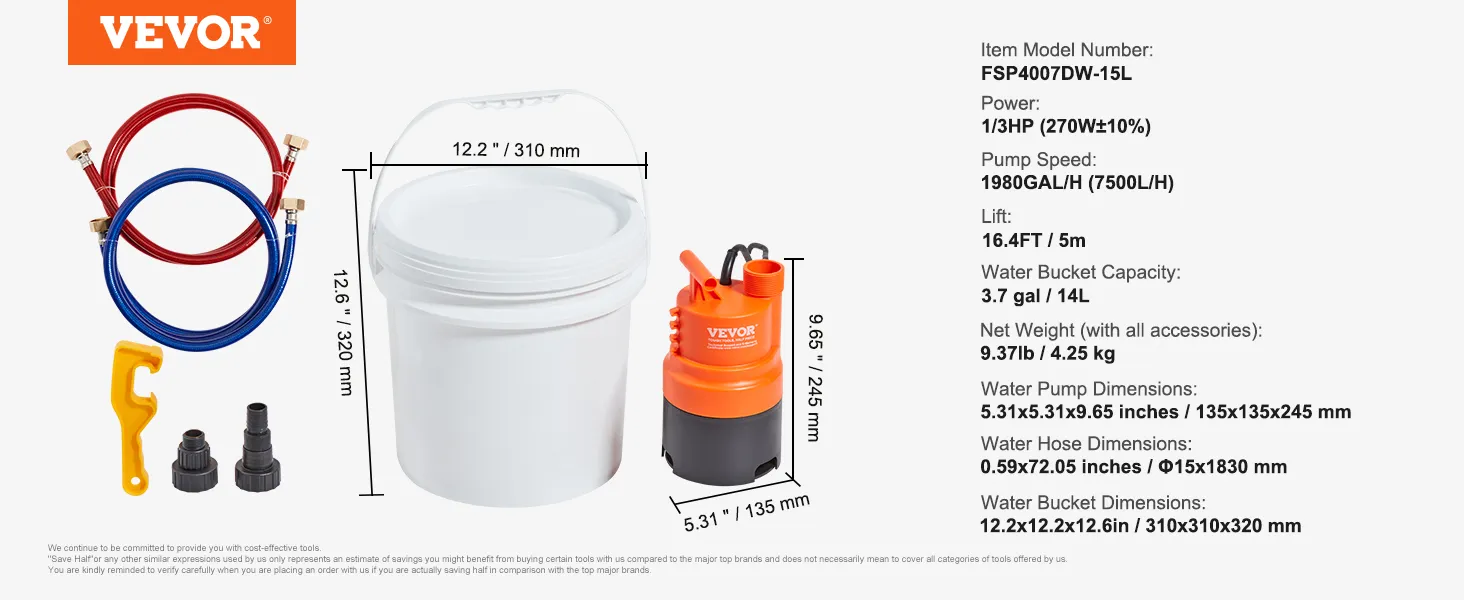 Kit de descarga de calentador de agua sin tanque VEVOR, incluye mangueras, bomba y balde con dimensiones.