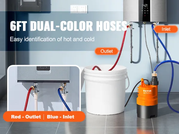 Kit de descarga de calentador de agua sin tanque VEVOR con mangueras de dos colores de 6 pies para una fácil identificación de agua caliente y fría.