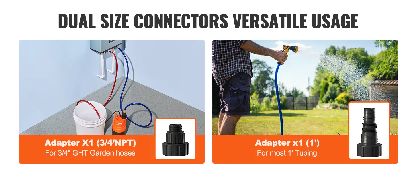 Conectores de tamaño doble para uso versátil; adaptador x1 (¾'' npt) para mangueras estrechas, adaptador x1 (1'') para tubos.