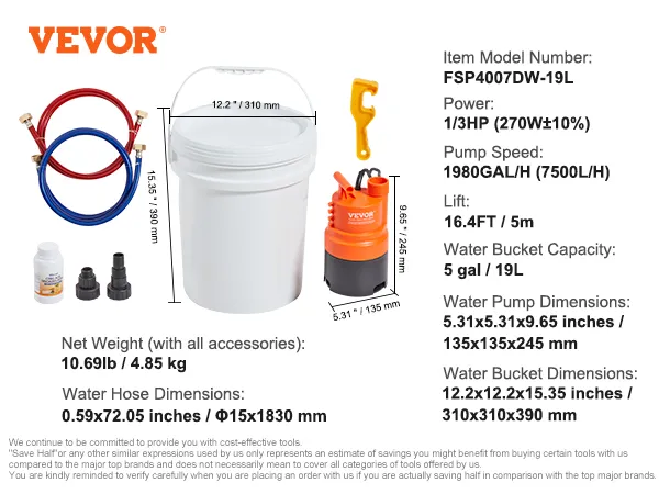 Kit de descarga de calentador de agua sin tanque VEVOR con mangueras, bomba, balde, conectores e instrucciones.