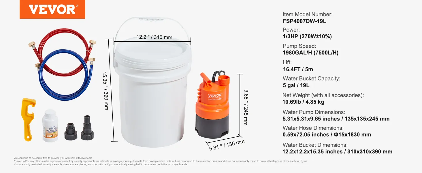 Kit de descarga de calentador de agua sin tanque VEVOR con mangueras, bomba, balde, conectores e instrucciones.