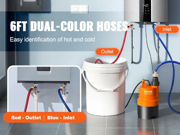 Kit de descarga de calentador de agua sin tanque VEVOR con mangueras de dos colores de 6 pies para una fácil identificación de agua fría y caliente.