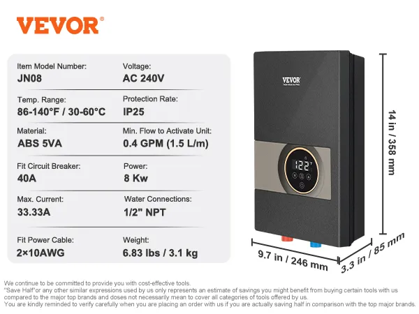 VEVOR instant water heater, model jn08, ac 240v, 8 kw, ip25, 0.4 gpm, abs 5va, 33.33a, 14x9.7x3.3 in.