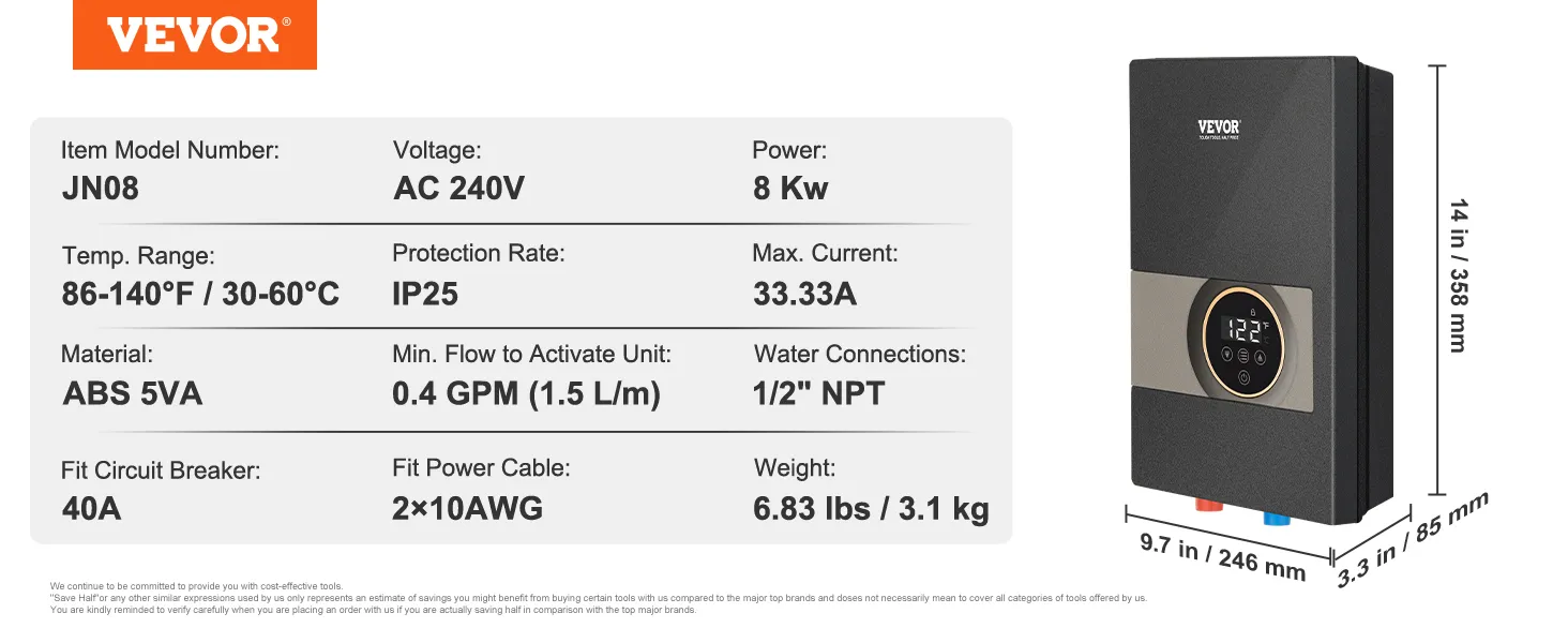 VEVOR instant water heater, model jn08, ac 240v, 8 kw, ip25, 0.4 gpm, abs 5va, 33.33a, 14x9.7x3.3 in.