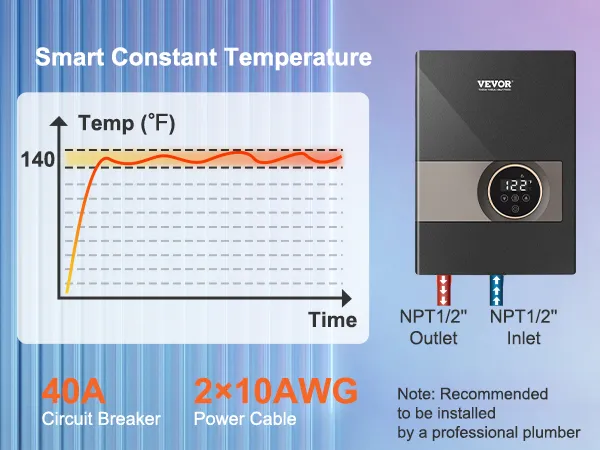VEVOR instant water heater with smart constant temperature, suitable for 40a circuit breaker, 2x10awg cables.