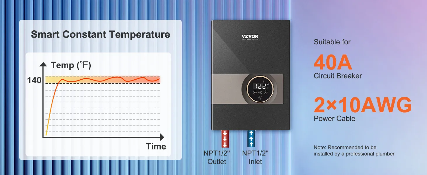 VEVOR instant water heater with smart constant temperature, suitable for 40a circuit breaker, 2x10awg cables.