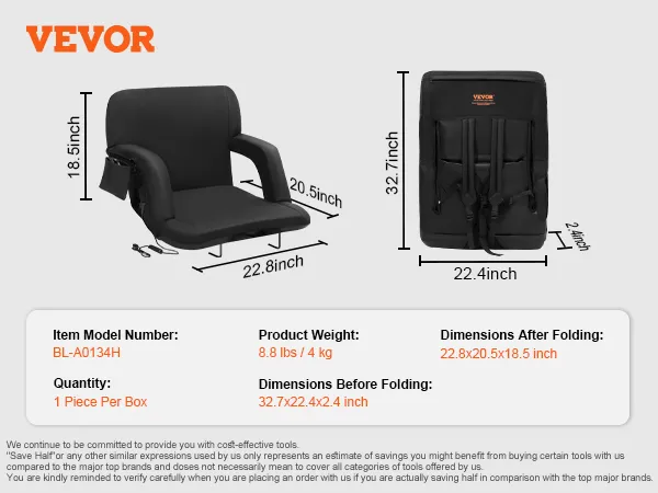 VEVOR heated stadium seat dimensions, folded view, carrying straps, and model specifics displayed.