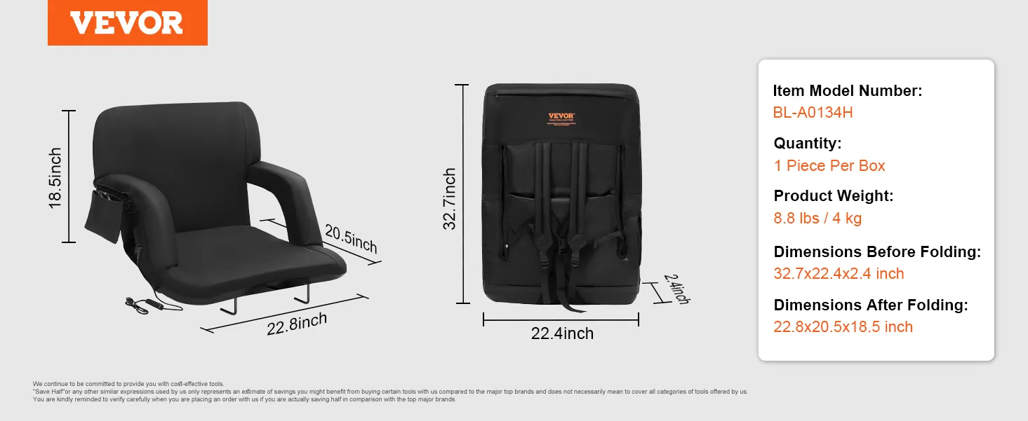 VEVOR heated stadium seat dimensions, folded view, carrying straps, and model specifics displayed.