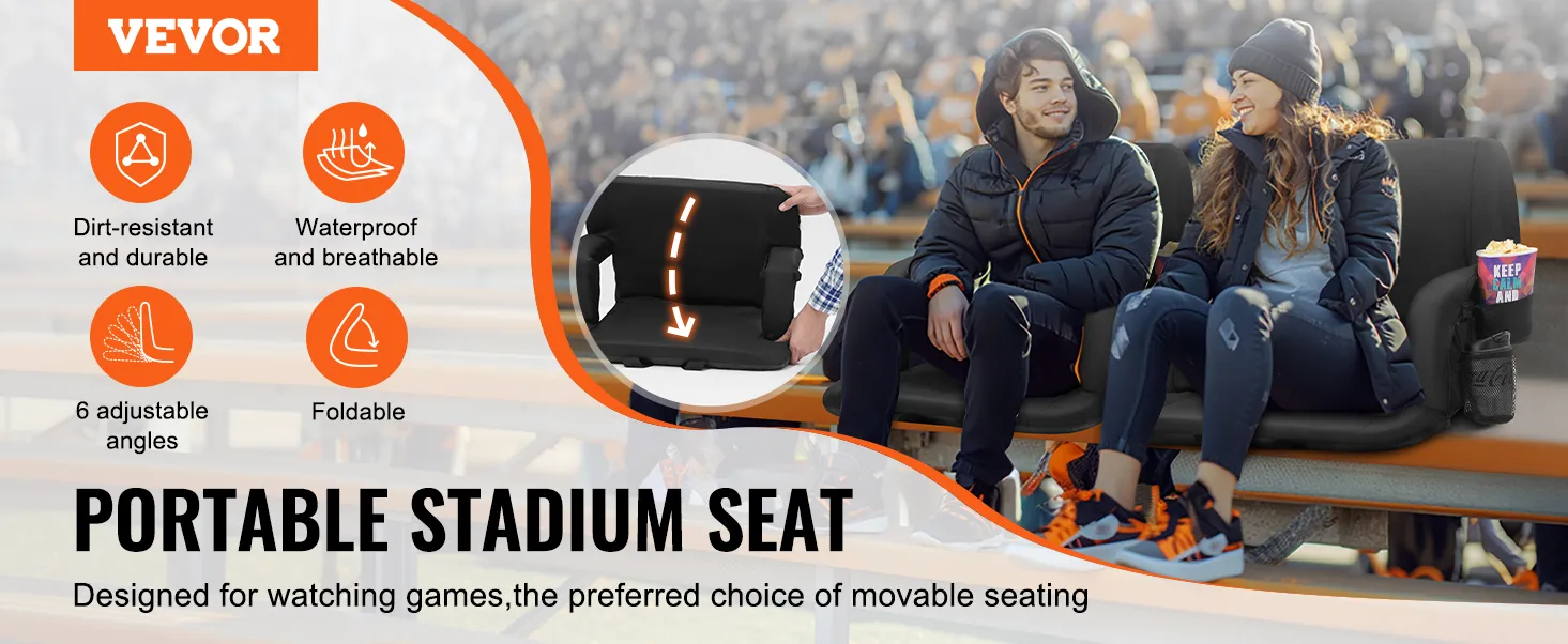 VEVOR heated stadium seat: dirt-resistant, waterproof, foldable, with 6 adjustable angles for comfort.
