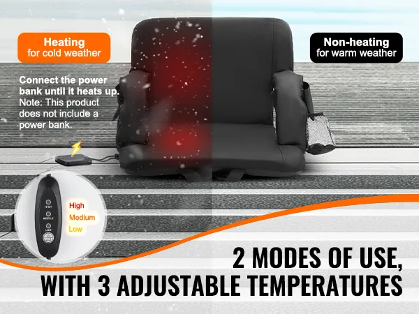 VEVOR heated stadium seat with 3 adjustable temperatures for cold and warm weather, shown on stairs.