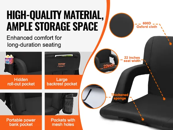 high-quality VEVOR heated stadium seat with 600d oxford cloth, hidden pocket, thickened sponge, and ample storage.