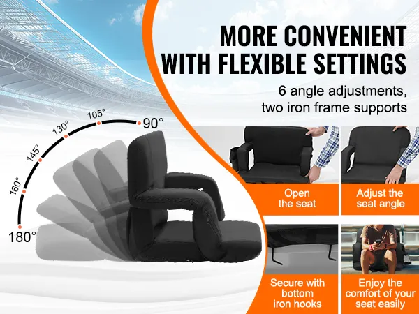 VEVOR heated stadium seat with 6 adjustable angles, iron frame support, and bottom iron hooks.