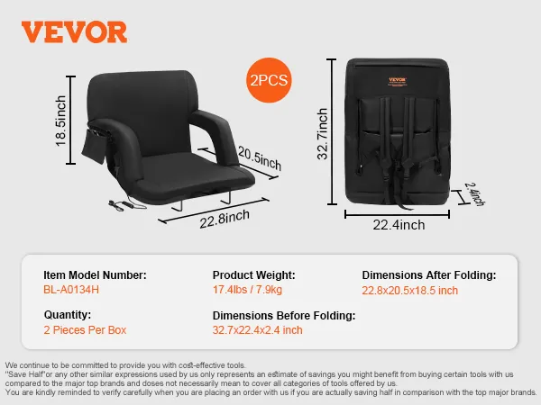VEVOR heated stadium seat dimensions, black padded seat, 2 pieces, foldable, portable design.